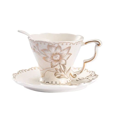 Image of Pfedxoon Bone China Tea Cup with Saucer Spoon 3 Piece Set（240ml） Cappuccino Cups, Coffee Set, British Porcelain Latte Mother&#039;s Day Gift(White)