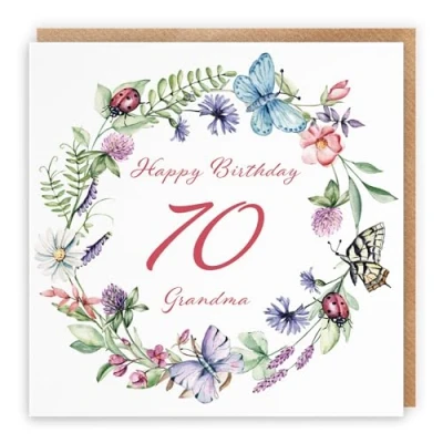 Image of Hunts England Grandma 70th Birthday Card Happy 70 Meadow Collection Flowers, Butterflies, Pretty