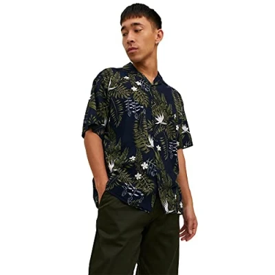 Image of JACK &amp; JONES Men&#039;s Jprblatt ropic Resort Shirt S/S Relax Sn, Perfect Navy/Print: ss23, M