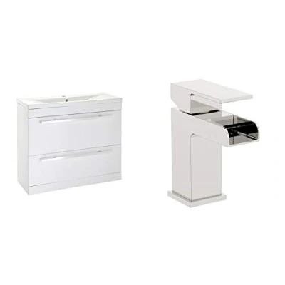 Image of VeeBath Sobek 1000mm High Gloss White Minimalist Vanity Sink Unit with Waterfall Designer Chrome Basin Mixer Tap + Waste