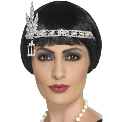 Image of Smiffys Flapper Jewel Headband, Silver , 1920&#039;s Razzle Fancy Dress, Adult Dress Up Accessories