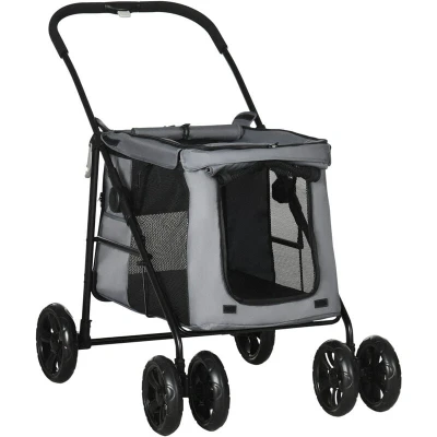 Image of PawHut Pet Stroller, Foldable Dog Cat Pushchair, Travel Carriage with 4 Wheels, Cushion, Safety Leashes, Storage Bags, for Small and Medium Dogs, Grey