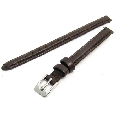 Image of Ladies Soft Genuine Leather watch Strap Band 8mm, Brown, Chrome (Silver Colour) buckle
