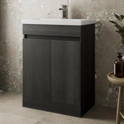 Image of Artis® 600mm Bathroom Vanity Unit with Wash Basin Ceramic Sink, 2 Double Door, Cloakroom Storage Furniture Under Cabinet, Floorstanding Cabinets, Charcoal Grey