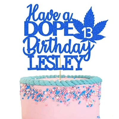 Image of GuteGifts Personalised Have a Dope Birthday Cake Topper Pot Leaf Green Weed Theme Party Decoration for Baby Shower Wedding Custom with Any Name &amp; Age Glitter Card (Royal blue)