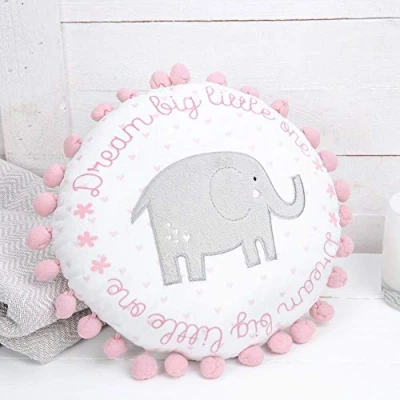 Image of &quot;Dream Big Little One&quot; Elephant Round Cushion with pom Baby Girl Pink