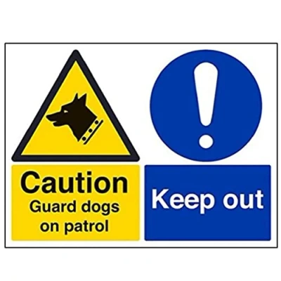 Image of VSafety Caution Guard Dogs On Patrol Sign Landscape 400mm x 300mm Self Adhesive Vinyl