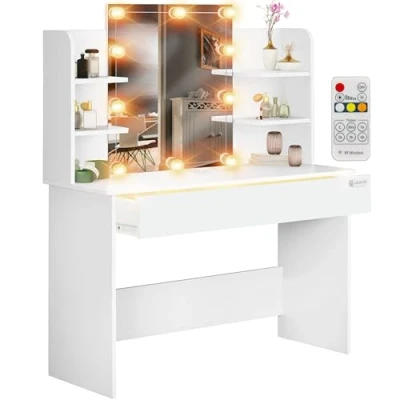 Image of CASARIA® Lucia Dressing Table with Large Mirror, LED Lighting, 3 Compartment Drawer &amp; 4 Open Shelves Ideal For Hair Make Up Cosmetics Contemporary Dresser 140x110x40cm White