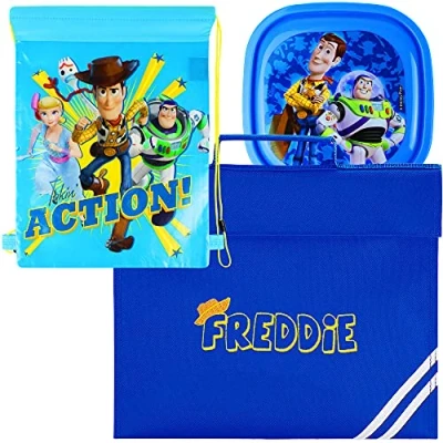 Image of Personalised Toy Story Book Bag, Drawstring Sports Bag &amp; Lunch Snack Box School Set