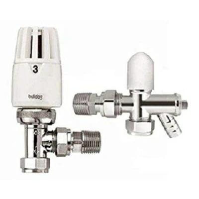 Image of Pegler Bulldog 15mm Drain Off Angled TRV Thermostatic Radiator Valve &amp; Lockshield D/O x 1