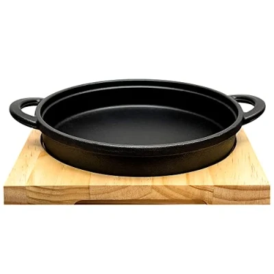 Image of Crystals Cast Iron Frying Pot Pan Grill Backing Dinning Skillet with Wood Serving Board, Black