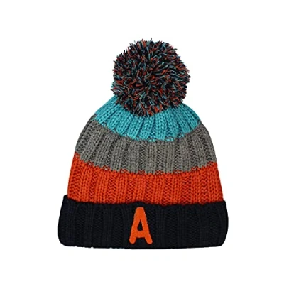 Image of TeddyTs Boys Personalised Initial Striped Chunky Knitted Bobble Hat with Large Pom Pink, One Size