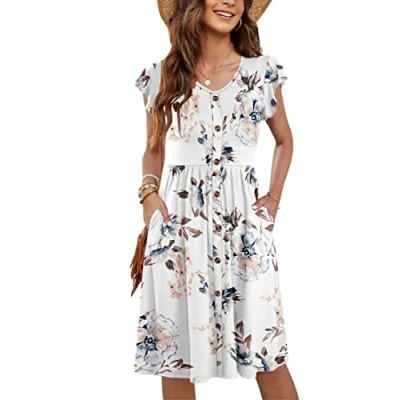 Image of MOLERANI Women Summer Dresses Ruffle Sleeve V Neck Casual Swing Elastic Waist Midi Dress with Pockets Extra Floral White M