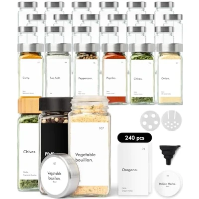 Image of KIVY Square Spice Jars with Shaker Insert [24 x 120 ml] Glass Labels Set Container Jar Storage for Spices (Stainless Steel)