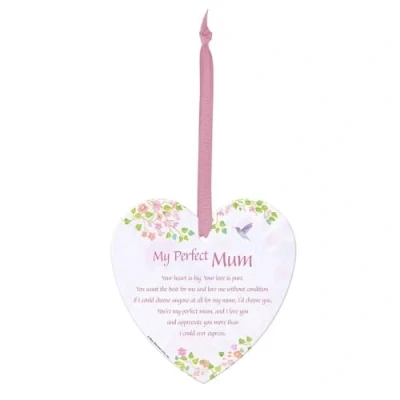 Image of Mum Hanging Heart Ceramic Sentiment Plaque Gift Idea Loving &amp; Heartfelt Words &#039;My Perfect Mum&#039; Floral Hummingbird Design