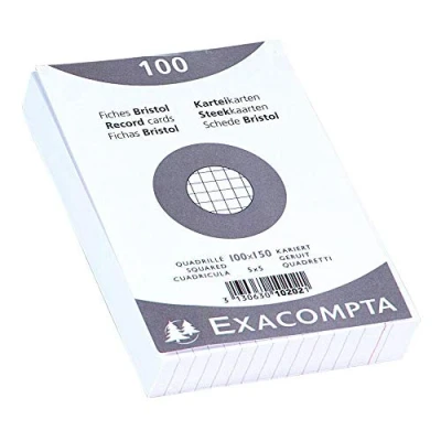 Image of Exacompta Ref 10202E Bristol Squared Record Cards (Pack of 100) 100 x 150mm in Size, 205gsm Card, Compatible with Printers Suitable for Exam Revision &amp; Notes White