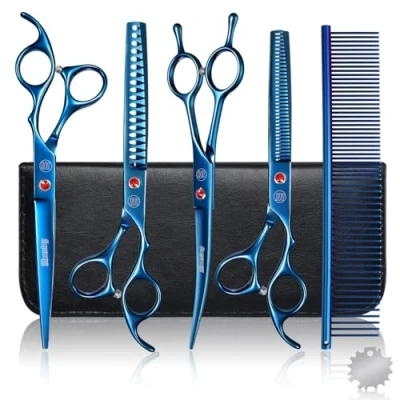 Image of Professional Dog Grooming Scissors Set, 7 Inch/8 Inch Pet Chunkers Shears for Dog, Curved Scissors, Thinning with Comb (7 inch, Blue)