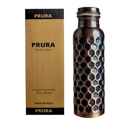 Image of PRURA Copper Water Bottle Diamond Black Pure Yoga Ayurveda Health Benefits Leak Proof (900ml/30oz, Design 10)