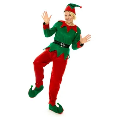 Image of Elf Red Trousers Xlarge, Adults Unisex Costume Cheeky Christmas Fancy Dress Green Top Belt + Hat Shoes