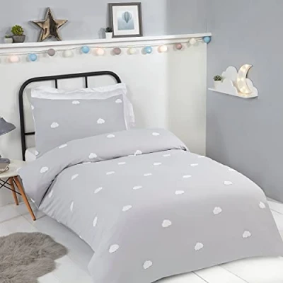 Image of Sleepdown Tufted 3D Clouds Kids Boys Girls Childrens Grey White Soft Cosy Easy Care Duvet Cover Quilt Bedding Set with Matching Pillowcase Single (135cm x 200cm), Polyester
