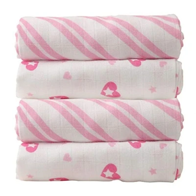 Image of Cuski Super Soft Bamboo Muslins x 4 (Jolie Hearts), Pink, 60 cm