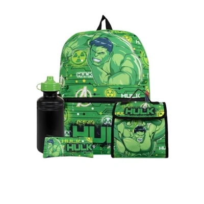 Image of Marvel Backpack Set Hulk For Boys With Lunch Bag And Water Bottle School Bags One Size Green