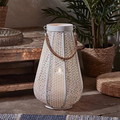 Image of Lights4fun Large White Moroccan Hanging Lantern with TruGlow® Candle Battery Operated Rope Handle 38cm