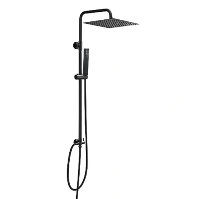 Image of JOHO Shower Set Kit in 304 Stainless Steel Riser Rail with Bar Holder Bracket Adjustable Height Bathroom Hand and Head Black Angle 30x30cm.