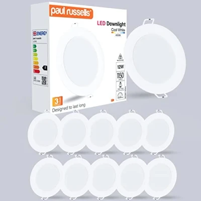 Image of paul russells LED Ceiling Downlights, 12W Slim Recessed Bathroom Kitchen Ceilings, 1150 Lumens, 4000K Cool/Natural White, Cutout 120 130mm, Round Non Dimmable Panel Spotlights, 10 Packs