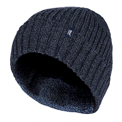 Image of HEAT HOLDERS Mens Ribbed Knit Fleece Lined Insulated Warm Turn Over Cuff Thermal Winter Beanie Hat (One Size, Navy (TOR))