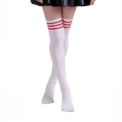 Image of HugeStore Women&#039;s Long Striped Socks, Over the Knee Stockings, Tights, White, Red