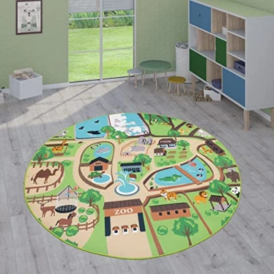 Image of Paco Home Kids Rug, Play Mat Playroom Animals Roads Cars Maps Treasure Hunt Pirates, Size:Ø 200 cm round, Colour:Green 2