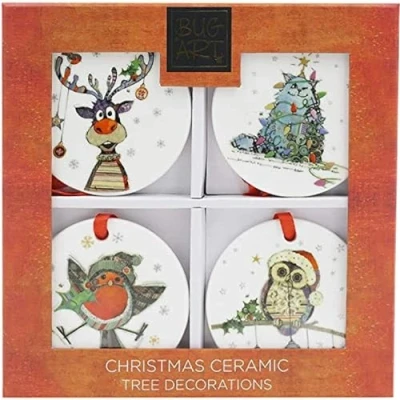 Image of Bug Art Kooks Ceramic Xmas Christmas Tree Decorations Set of 4 Cat Owl Reindeer Robin