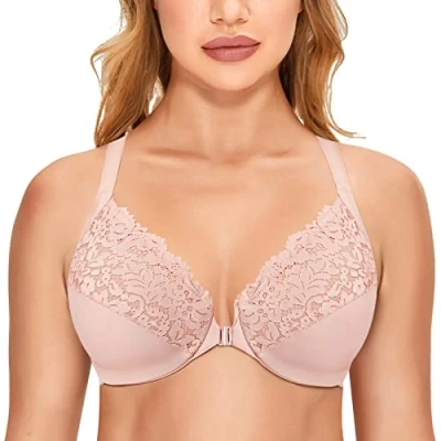 Image of Delimira Women&#039;s Front Fastening Bra Racer Back Lace Plus Size Non Padded Underwired Rose Smoked 36DD