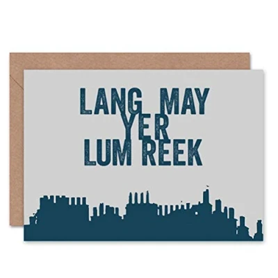 Image of Wee Blue Coo Quote Scots Saying Lang Lum Reek Hogmanay Scotland Sealed Greeting Card Plus Envelope Blank inside