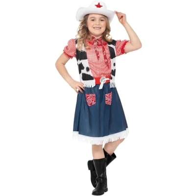 Image of Smiffys Cowgirl Sweetie Costume, Blue with Dress, Vest, Scarf, Belt &amp; Hat, Girls Fancy Child Dress Up Costumes