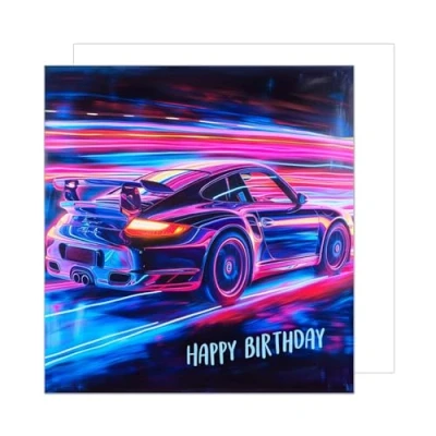 Image of Edition Seidel Premium Square Birthday Card with Envelope Greeting Happy For Him or Her Mail Female Friend Dad Son Grandpa Teens Racing Car 911 (GQ198 SW024)