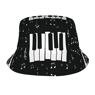 Image of Music Note Piano Pattern Bucket Hat Fisherman Hats Wide Brim Packable Outdoor Summer Travel Beach Cap for Women Men Black