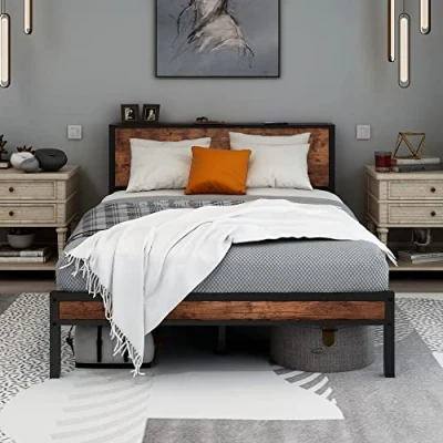 Image of Diahomy Double Bed Frame Metal Platform with Wood Headboard/Mattress Base/Underbed Storage/No Box Spring Needed/Brown