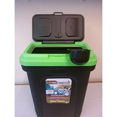 Image of Lacasa Bedding PET FOOD STORAGE CONTAINER BLACK. HOLDS 15.5KG. GREEN LID. RUBBER AIRTIGHT SEAL.