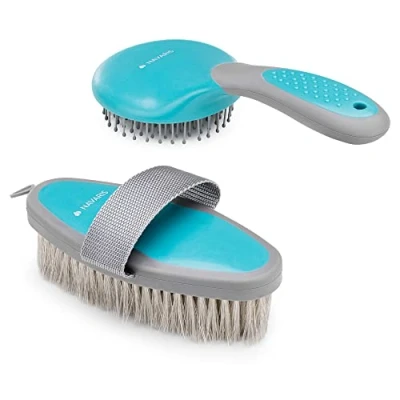 Image of Navaris Horse Grooming Brush Set 2x Equestrian Brushes for Horses Tail Mane and Body Groom Kit Comb Detangling Hair
