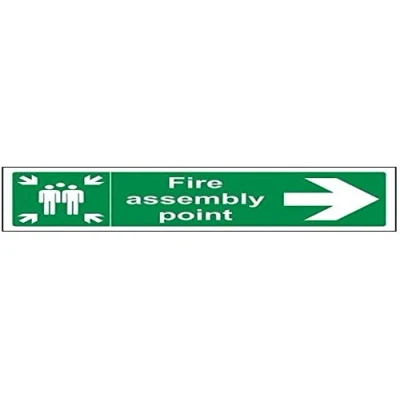 Image of V Safety 17022AX R Fire Assembly Point Arrow Right Sign Landscape 300mm x 100mm 1mm Rigid Plastic, Green