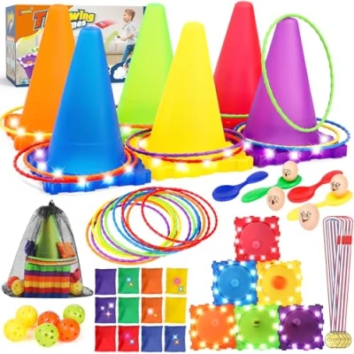 Image of Eocolz 49PCS Carnival Games Outdoor Combo Set for Kids with LED Light, Plastic Cones Obstacle Course Bean Bags Balls Ring Toss Game Egg and Spoon Race Lawn Game, Gift Birthday Party/Xmas/Easter
