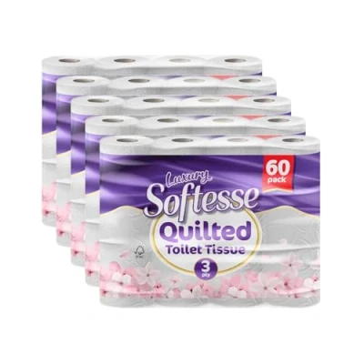 Image of Softesse Toilet Paper 60 Rolls, 3 Ply Rolls Bulk Buy, Luxuriously Soft, Gentle and Hypoallergenic Sustainable Quilted Roll for Your Family Dermatologically Tested (60)