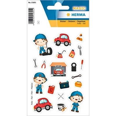 Image of HERMA 15691 Stickers Mechanic Small Large 19 Pieces Professional with Car Workshop Tool Motif, Children&#039;s Labels for Photo Album, Diary, Poetry Scrapbooking, Birthday Decoration, DIY