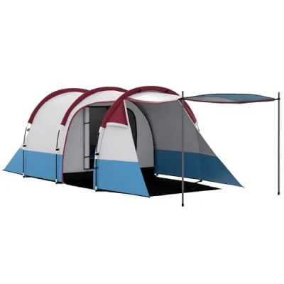 Image of Outsunny 2 3 Man Camping Tent, Tunnel Tent with Weights, Bedroom and Living Room, 2000mm Waterproof, Portable Bag, for Fishing Hiking Festival, Red