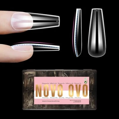 Image of NOVO OVO L Natural Thick Coffin Nail Tips for Flat Nails, Extra Long False Nails Press on, Full Cover Soft Gel Extension Fake Acrylic kit, Clear X 15 Sizes 450pcs
