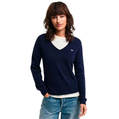 Image of GANT Women&#039;s Extra fine Lambswool V Neck Sweater, Evening Blue, M