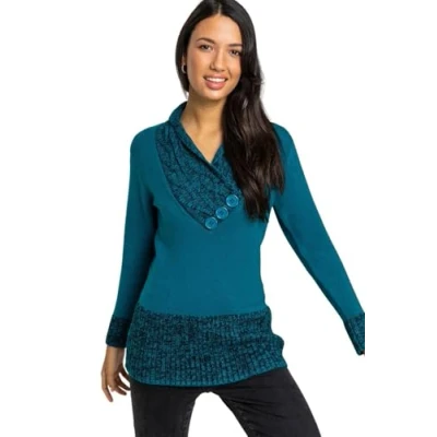 Image of Roman Womens V Neck Overlap Button Detail Longline Jumper Teal Size 18 UK
