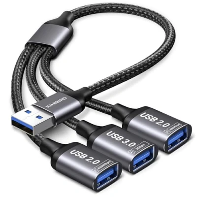 Image of KiWiBiRD 3 in 1 USB Y Splitter, Male to Female 1x 3.0 output 2x 2.0 Port Adapter, Extension Data Power Charging Cable Compatible with Car Laptop PC Mac PS4 PS5 TV Keyboard Mouse Printer